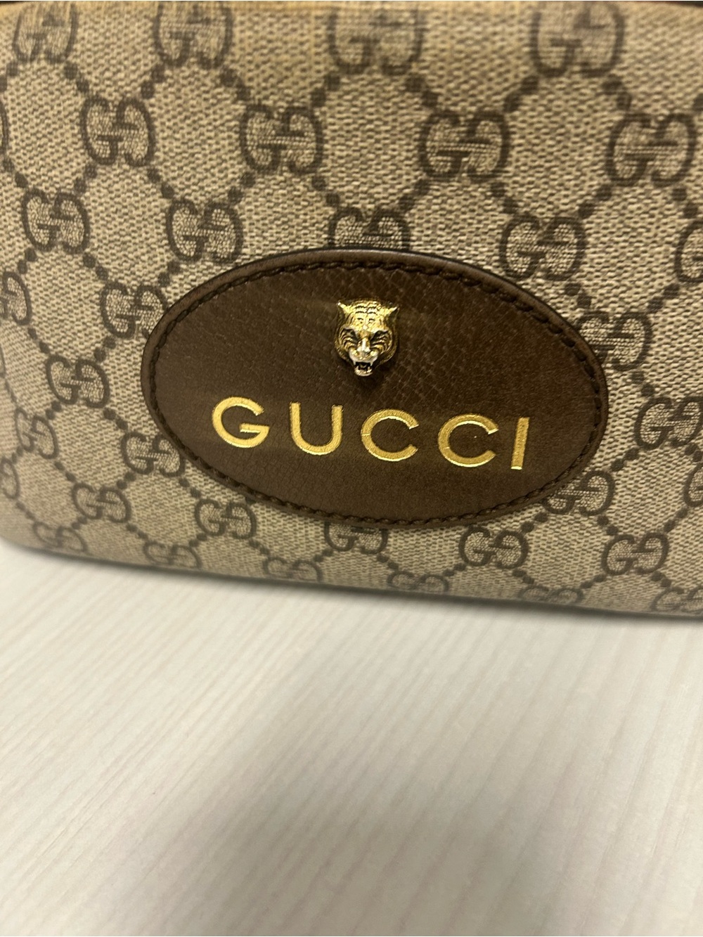 Gucci Beige GG Canvas Card Holder with Brown Leather Logo and Gold Accents